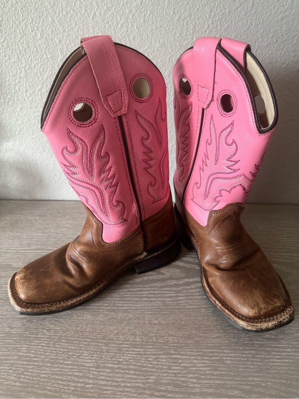 Old West youth cowboy boots brown and pink leather with a square toe size 12D